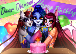 Size: 4093x2894 | Tagged: safe, artist:minamikoboyasy, imported from derpibooru, party cake, oc, oc only, oc:diamond dust(minamikoboyasy), oc:selune darkeye, anthro, pony, shark, succubus, unicorn, anthro oc, balloon, banner, birthday, birthday cake, body markings, cake, candle, clothes, dress, ear fluff, food, g3, horn, hug, jewelry, looking at you, markings, necklace, redhead, smiling, smiling at you, succubus oc, unicorn oc, wings