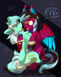 Size: 2550x3200 | Tagged: safe, artist:pakmur, imported from derpibooru, lyra heartstrings, oc, oc:razzmatazz gleam, pegasus, pony, unicorn, bracelet, chest fluff, commission, duo, ear fluff, eyes closed, fangs, horn, jewelry, shipping, simple background, wings, ych result