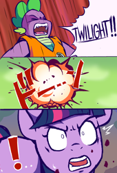 Size: 1260x1848 | Tagged: safe, artist:thegemstallion, imported from derpibooru, spike, twilight sparkle, dragon, pony, unicorn, 3 panel comic, comic, crossover, death, dragon ball, dragon ball z, exclamation point, explosion, female, horn, krillin, looking up, male, parody, shocked, shocked expression, wide eyes, wingless spike, yelling