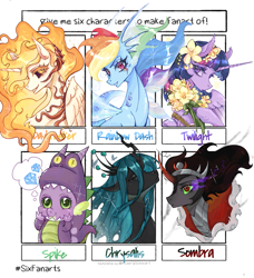 Size: 1869x2048 | Tagged: safe, artist:kekoma, imported from derpibooru, daybreaker, king sombra, queen chrysalis, rainbow dash, spike, twilight sparkle, alicorn, changeling, changeling queen, dragon, pony, seapony (g4), unicorn, six fanarts, bust, cape, clothes, dragon costume, female, flower, flower in hair, gem, grin, horn, male, mare, multiple characters, out of frame, seaponified, seapony rainbow dash, simple background, smiling, species swap, stallion, text, thought bubble, twilight sparkle (alicorn), white background