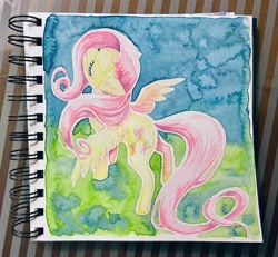 Size: 2048x1896 | Tagged: safe, artist:fleebites, imported from derpibooru, fluttershy, pegasus, pony, female, mare, solo, spread wings, traditional art, watercolor painting, wings