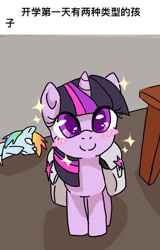 Size: 1080x1684 | Tagged: safe, artist:moumy, imported from derpibooru, rainbow dash, twilight sparkle, pegasus, pony, unicorn, bag, blush sticker, blushing, chinese text, horn, looking at you, meme, open mouth, ponified meme, saddle bag, smiling, sparkles, table, text, white eyes