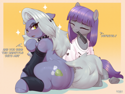 Size: 4000x3000 | Tagged: safe, artist:redvais, imported from derpibooru, limestone pie, maud pie, earth pony, pony, boulder (g4), butt, choker, clothes, comb, dialogue, dress, duo, ear piercing, eyes closed, female, large butt, leggings, lidded eyes, limestonebutt, mare, mouth hold, piercing, plot, shirt, siblings, simple background, sisters, sitting, smiling, spiked choker, t-shirt