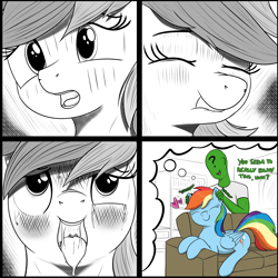 Size: 3150x3150 | Tagged: safe, artist:eels, imported from derpibooru, rainbow dash, oc, oc:anon, human, pegasus, pony, 4 panel comic, ahegao, comic, couch, ear scratch, human on pony petting, lewd thoughts, lying down, open mouth, petting, prone, tongue out