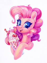 Size: 966x1300 | Tagged: safe, artist:maytee, imported from derpibooru, part of a set, pinkie pie, earth pony, pony, bust, colored pencil drawing, drink, female, food, looking at you, mare, milkshake, open mouth, open smile, portrait, simple background, smiling, smiling at you, solo, strawberry, traditional art, white background