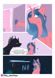 Size: 2780x3908 | Tagged: safe, artist:ollie sketchess, imported from derpibooru, oc, unnamed oc, changeling, pony, unicorn, changeling oc, comic, commission, horn, simple background, spanish