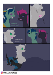 Size: 2800x3900 | Tagged: safe, artist:ollie sketchess, imported from derpibooru, queen chrysalis, oc, oc:speed shield, unnamed oc, alicorn, changeling, hybrid, comic, commission, hybrid oc, simple background, spanish