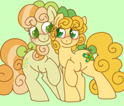 Size: 700x600 | Tagged: safe, artist:php193, imported from derpibooru, junebug, oc, oc:hallow boon, earth pony, pony, bow, curly mane, curly tail, cute, duo, duo female, female, green background, hair bow, orange coat, orange mane, simple background, tail, tail bow, wingding eyes