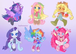 Size: 1440x1017 | Tagged: safe, artist:kaylostation, imported from derpibooru, applejack, fluttershy, pinkie pie, rainbow dash, rarity, twilight sparkle, alicorn, anthro, earth pony, pegasus, plantigrade anthro, unicorn, action pose, alternate hairstyle, apple, applejack's hat, bandana, bangs, big eyes, blonde hair, blonde mane, blue bow, blue eyelashes, blue eyes, blue eyeshadow, blue fur, blue pupils, blush lines, blushing, bonnet, boots, bow, braid, braided pigtails, brown eyelashes, cardigan, chibi, clenched fist, clothes, colored eyebrows, colored eyelashes, colored pupils, colored wings, cowboy hat, crocs, curly hair, curly mane, cutie mark, cutie mark eyes, cutie mark on clothes, denim, dress, ear piercing, earring, eyelashes, eyeshadow, feather boa, finger to mouth pose, floppy ears, food, gradient background, gradient ears, gradient eyes, gradient horn, gradient wings, green dress, green eyes, green pupils, group, hair accessory, hair bow, hand on hip, hat, high heels, holding, horn, jacket, jewelry, long hair, long mane, looking at you, looking away, magenta eyelashes, magenta pupils, makeup, mane accessory, mane six, mary janes, multicolored hair, multicolored mane, narrowed eyes, neckerchief, one eye closed, open mouth, open smile, orange fur, overalls, piercing, pigtails, pink eyes, pink fur, pink hair, pink mane, pose, puffy sleeves, purple coat, purple eyes, purple fur, purple hair, purple mane, purple pupils, purple stockings, rah rah skirt, rainbow hair, raised arms, raised hand, ringlets, rolled up sleeves, scarf, sextet, shirt, shoes, short hair, short hair rainbow dash, short mane, shorts, skirt, smiling, smiling at you, sneakers, socks, spiky hair, spiky mane, spread wings, stetson, stockings, straight hair, straight mane, sweater, tail, tanktop, teal eyes, thigh highs, thinking, three quarter view, three toned hair, three toned mane, tied hair, tied mane, tied tail, twilight sparkle (alicorn), unicorn horn, walking, wall of tags, watermark, white fur, wingding eyes, wings, wink, wristband, yellow coat, yellow fur