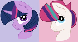 Size: 804x442 | Tagged: safe, artist:jadeharmony, imported from derpibooru, twilight sparkle, zipp storm, pegasus, pony, unicorn, base used, bust, duo, duo female, female, g5, horn, mare, portrait, smiling, zipp and her 2nd heroine