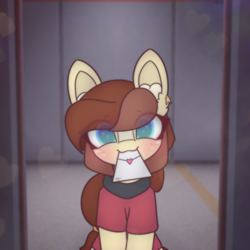 Size: 2664x2664 | Tagged: safe, artist:sodapop sprays, imported from derpibooru, oc, oc only, oc:horsely, oc:naomi horsely, earth pony, pony, clothes, door, doorway, eye clipping through hair, letter, looking at you, love letter, solo, star trek, star trek (tos), uniform