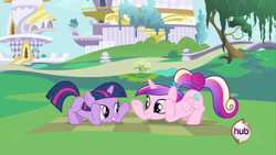 Size: 640x360 | Tagged: safe, imported from derpibooru, screencap, princess cadance, twilight sparkle, alicorn, pony, unicorn, a canterlot wedding, canterlot, female, filly, filly twilight sparkle, hub logo, logo, my little pony, sunshine sunshine, teen princess cadance, the hub, unicorn twilight, younger