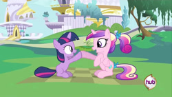 Size: 640x360 | Tagged: safe, imported from derpibooru, screencap, princess cadance, twilight sparkle, unicorn, a canterlot wedding, canterlot, female, filly, filly twilight sparkle, hub logo, logo, my little pony, sunshine sunshine, teen princess cadance, the hub, unicorn twilight, younger