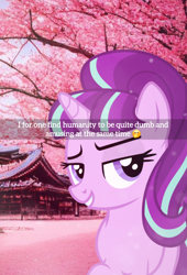 Size: 1622x2388 | Tagged: safe, artist:cezaryy, artist:trrrebleee, edit, imported from derpibooru, vector edit, starlight glimmer, pony, unicorn, caption, cherry blossoms, female, flower, flower blossom, horn, japan, mare, meme, real life background, s5 starlight, snapchat, solo, text, vector