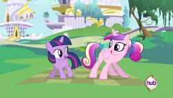 Size: 640x360 | Tagged: safe, imported from derpibooru, screencap, princess cadance, twilight sparkle, unicorn, a canterlot wedding, canterlot, female, filly, filly twilight sparkle, hub logo, logo, my little pony, teen princess cadance, the hub, unicorn twilight, younger