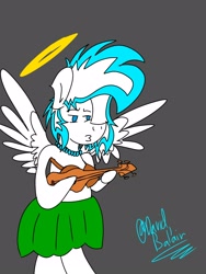 Size: 1200x1600 | Tagged: safe, artist:david_bal'air, imported from derpibooru, oc, oc:known pony, oc:ukelele, pegasus, seraph, angel, coconut, crappy art, duckface, food, frown, halo, hawaiian, jewelry, male, multiple wings, necklace, pearl necklace, spread wings, stallion, wings