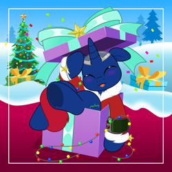 Size: 5000x5000 | Tagged: safe, artist:jhayarr23, imported from derpibooru, oc, oc only, oc:bit shift, pony, unicorn, fallout equestria, :p, blue coat, blushing, bow, brain, christmas, christmas lights, christmas presents, christmas tree, clothes, confetti, costume, eyes closed, holiday, horn, organs, pipbuck, red tail, santa costume, smiling, snow, solo, tail, tongue out, tree