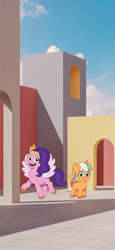 Size: 1080x2356 | Tagged: safe, artist:caseyben887, artist:prixy05, imported from derpibooru, pipp petals, pegasus, pony, unicorn, bow, cloud, female, g5, horn, looking at you, mare, my little pony: tell your tale, outdoors, peach fizz, pippsqueaks, sky, smiling, smiling at you, spread wings, tail, tail bow, wings