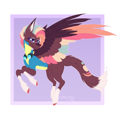 Size: 4320x4320 | Tagged: safe, artist:chazmazda, imported from derpibooru, oc, oc only, pegasus, pony, wonderbolts academy, background, cat tail, clothes, colored, colored wings, concave belly, eyeshadow, flat colors, goggles, large wings, makeup, markings, multicolored hair, multicolored wings, my little pony, pegasus oc, plaster, purple eyes, rainbow, rainbow hair, short hair, smiling, tail, uniform, wings, wonderbolts, wonderbolts uniform