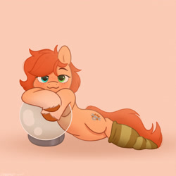 Size: 2480x2480 | Tagged: safe, artist:starburstuwu, imported from derpibooru, oc, oc only, oc:rusty gears, earth pony, pony, blushing, clothes, female, high res, lidded eyes, looking at you, lying down, mare, on side, orange background, simple background, smiling, smiling at you, socks, solo, space helmet, striped socks, unshorn fetlocks