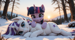 Size: 3360x1792 | Tagged: safe, imported from derpibooru, twilight sparkle, twilight velvet, pony, unicorn, ai content, ai generated, anonymous prompter, chest fluff, cute, duo, ear fluff, female, fluffy, forest, horn, looking at you, lying down, mare, mother and child, mother and daughter, mountain, mountain range, nature, on side, outdoors, prompt in comments, realistic, smiling, snow, sun, tree, unshorn fetlocks, wholesome