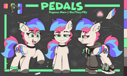 Size: 3404x2048 | Tagged: safe, artist:pedalspony, imported from derpibooru, oc, oc only, oc:pedals, pegasus, pony, anklet, bloodshot eyes, border, chalk, choker, clothes, color palette, colored hooves, colored wings, cutie mark, dock, dock piercing, double helix piercing, drugs, ear piercing, ear tufts, excited, eyebrow slit, eyebrows, eyebrows visible through hair, feather, female, folded wings, freckles, glasses, grin, helix piercing, hoodie, hoof heart, hooves, industrial piercing, jewelry, joint, looking at you, male to female, mare, marijuana, marijuana leaf, mixed pronouns, multicolored wings, neopronouns, not impressed, not zipp storm, open mouth, open smile, outfit, passepartout, piercing, pride, pride flag, raised hoof, reference sheet, rule 63, shoes, skateboard, smiling, sneakers, solo, solo female, solo transgender, sunglasses, tail, tail piercing, teeth, three toned mane, tongue piercing, trans female, transgender, transgender pride flag, underhoof, wings