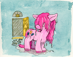 Size: 798x615 | Tagged: safe, artist:lost marbles, imported from derpibooru, pinkie pie, earth pony, pony, puddle, rain, traditional art, wet, wet mane