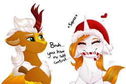 Size: 3000x2000 | Tagged: safe, artist:decemberbreeze, imported from derpibooru, oc, oc only, oc:aurora shinespark, oc:verdant pyre, kirin, unicorn, :3, candy, candy cane, chest fluff, christmas, dialogue, duo, ear fluff, ear piercing, earring, eyeshadow, female, floppy ears, food, happy, hat, heart, holiday, horn, jewelry, kirin oc, makeup, male, mare, no source available, piercing, pumpkin, santa hat, silly, simple background, squee, stallion, sternocleidomastoid, transparent background, unicorn oc