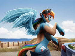 Size: 2000x1500 | Tagged: safe, artist:geoffrey mcdermott, imported from derpibooru, rainbow dash, human, pegasus, pony, beach, human to pony, looking back, solo, spread wings, sunglasses, sunglasses on head, transformation, wings