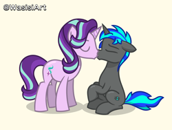 Size: 6000x4500 | Tagged: safe, alternate version, artist:alejandrogmj, artist:wasisi, derpibooru exclusive, imported from derpibooru, starlight glimmer, oc, oc:sama, pony, unicorn, beige background, canon x oc, duo, eyes closed, gay, horn, kiss on the lips, kissing, male, raised hoof, rule 63, simple background, sitting, stellar gleam, unicorn oc