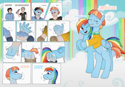 Size: 3439x2404 | Tagged: safe, artist:axiomtf, artist:tf-plaza, imported from derpibooru, rainbow dash, windy whistles, human, pegasus, pony, comb, dialogue, duo, high res, hug, human to pony, solo, speech bubble, transformation, transformation sequence