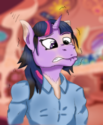 Size: 1442x1752 | Tagged: safe, artist:tf-plaza, imported from derpibooru, twilight sparkle, human, pony, unicorn, bust, clothes, horn, human to pony, shirt, solo, transformation