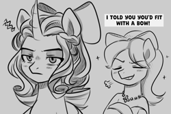 Size: 1620x1080 | Tagged: safe, artist:makaryo, imported from derpibooru, opaline arcana, earth pony, pony, alternate hairstyle, bow, bust, crossed hooves, duo, duo female, female, frown, g5, gray background, grayscale, grin, hair bow, mare, monochrome, opaline arcana is not amused, posey bloom, simple background, smiling, unamused