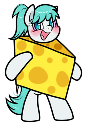 Size: 616x890 | Tagged: safe, artist:paperbagpony, imported from derpibooru, oc, oc:lucid mirage, blushing, cheese, commissioner:dhs, cute, food, halloween, happy, holiday, looking at you, ponytail, silly, simple background, smiling, standing on two hooves, transparent background