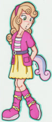 Size: 574x1343 | Tagged: safe, artist:cqmorrell, imported from derpibooru, part of a set, sweetie belle, human, clothes, equestria girls outfit, female, human to pony, humanized, looking back, simple background, solo, tail, tailed humanization, traditional art, transformation, white background