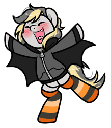 Size: 750x859 | Tagged: safe, artist:paperbagpony, imported from derpibooru, oc, oc:totalspark, bat wings, blushing, clothes, commissioner:dhs, costume, fangs, halloween, happy, holiday, hoodie, simple background, socks, standing, standing on one leg, transparent background, wings, zipper