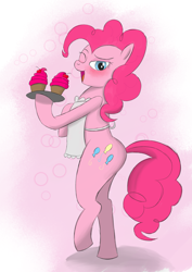 Size: 2481x3507 | Tagged: safe, anonymous artist, imported from derpibooru, pinkie pie, earth pony, pony, blushing, cherry, cupcake, cutie mark, food, looking at you, one eye closed, plate, platter, simple background, solo, standing, wink, winking at you