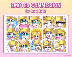 Size: 3000x2386 | Tagged: safe, artist:madelinne, imported from derpibooru, oc, oc only, oc:angel light, celebration, commission, crown, crying, emoji, emote, emotes, food, glasses, heart, hug, jewelry, laughing, playing card, regalia, solo, tea, thinking, uno, uno reverse card