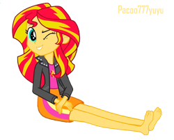 Size: 1374x1106 | Tagged: safe, artist:paco777yuyu, imported from derpibooru, sunset shimmer, equestria girls, barefoot, feet, female, fetish, foot fetish, looking at you, one eye closed, simple background, sitting, solo, solo female, wink, winking at you