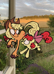 Size: 1280x1764 | Tagged: safe, artist:dartoons, imported from derpibooru, apple bloom, applejack, earth pony, pony, apple sisters, female, filly, foal, irl background, looking at each other, looking at someone, mare, siblings, sisters, unshorn fetlocks