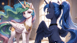 Size: 3840x2160 | Tagged: safe, imported from derpibooru, princess celestia, princess luna, alicorn, pony, ai content, ai generated, cute, day, duo, female, indoors, jewelry, mare, prompter:bluetoothworld, wallpaper, window