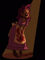 Size: 1536x2048 | Tagged: safe, artist:kelseyanimated, imported from derpibooru, pinkie pie, human, fanfic:cupcakes, apron, blood, clothes, female, humanized, open mouth, pinpoint eyes, smiling, solo, spotlight