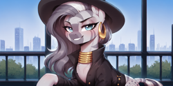 Size: 2400x1200 | Tagged: safe, imported from derpibooru, zecora, zebra, ai content, ai generated, clothes, ear piercing, earring, female, jewelry, mare, neck rings, piercing, prompter:greesys, solo