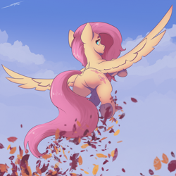 Size: 3000x3000 | Tagged: safe, artist:skitsroom, imported from derpibooru, fluttershy, pegasus, pony, butt, dock, featureless crotch, female, flutterbutt, flying, high res, mare, outdoors, plot, solo, spread wings, tail, underhoof, wings