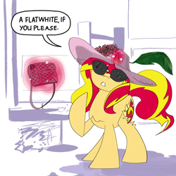 Size: 3600x3600 | Tagged: safe, artist:ponny, imported from derpibooru, sunset shimmer, pony, unicorn, bag, cup, flower, hat, hay bale, horn, magic, shelf, solo, speech bubble, sun hat, sunglasses, table, teacup, telekinesis, text