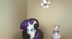 Size: 3468x1873 | Tagged: safe, artist:maretheory.exe, imported from derpibooru, opalescence, rarity, chair, headphones, looking at you, meme