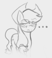 Size: 1660x1862 | Tagged: safe, artist:maretheory.exe, imported from derpibooru, applejack, meme, monochrome, sketch, tired eyes