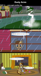 Size: 1920x3516 | Tagged: safe, artist:platinumdrop, imported from derpibooru, derpy hooves, doctor whooves, time turner, oc, oc:dusty hooves, earth pony, pegasus, pony, comic:dusty acres, series:technoverse, 3 panel comic, canon, comforting, comic, dialogue, female, filly, foal, lightning, male, pointing, rain, sitting, speech bubble, stallion, standing, toy, younger