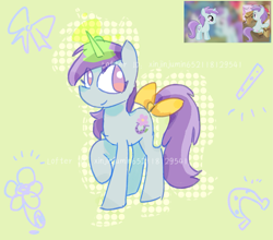 Size: 1709x1505 | Tagged: safe, artist:xinjinjumin652118129541, imported from derpibooru, liza doolots, petunia, tootsie flute, pony, unicorn, bow, female, filly, foal, glowing, glowing horn, green background, horn, multiple cutie marks, raised hoof, reference used, simple background, smiling, solo, tail, tail bow, text