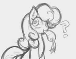 Size: 2545x1961 | Tagged: safe, artist:maretheory.exe, imported from derpibooru, carrot top, golden harvest, earth pony, pony, carrot, eating, female, food, looking at you, mare, monochrome, question mark, sketch, solo